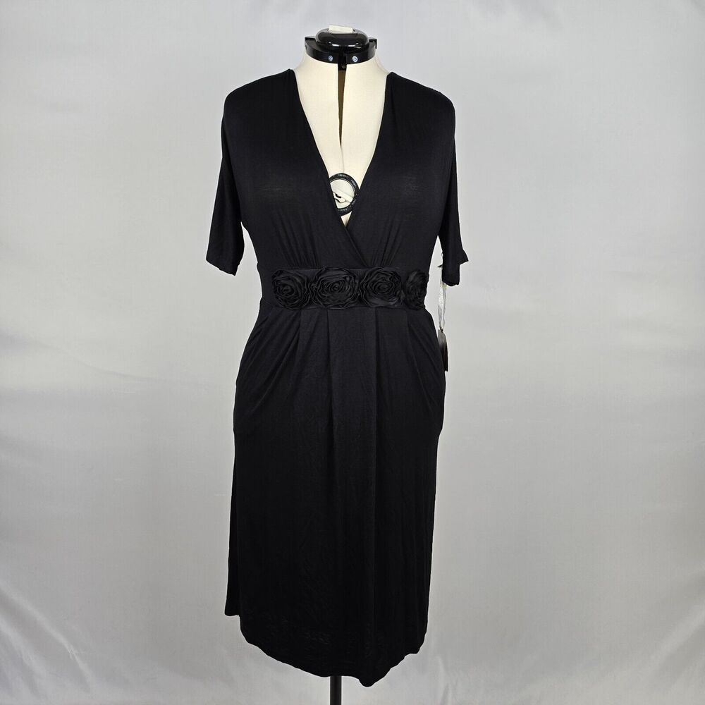 DownEast Dress Women XL Black Bodycon Elegant 1/2 Sleeve Wrap VNeck Rose Accents